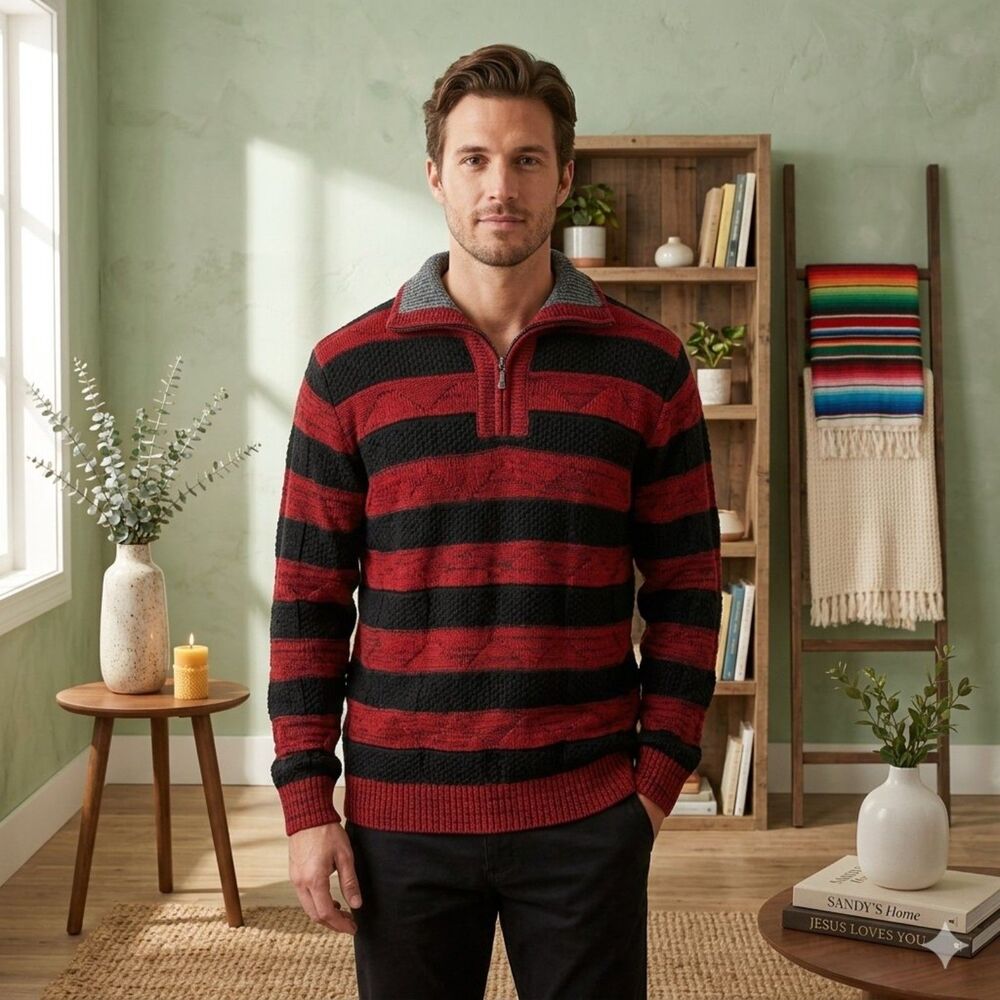Pronti Collection Phita Sweater Mens S Red Black Stripe 1/4 Zip Wool Blend
